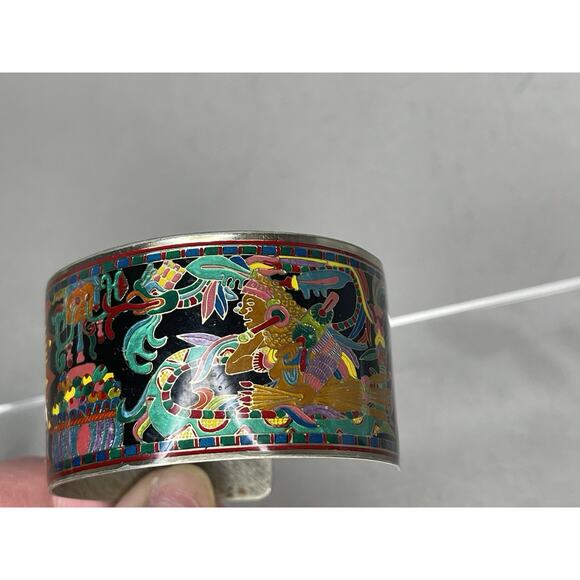 Artist Fernandez Rodriguez Mexico Enamel Aztec Theme Thick Cuff Bracelet - Picture 2 of 5